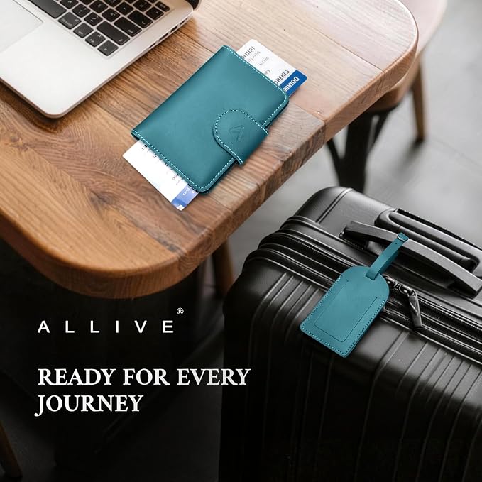 ALLIVE RFID Passport Holder for Travel, Genuine Leather Passport Holder with AirTag Hidden Pocket, Travel Wallet for Women & Men, Gift Set with Luggage Tag in Premium Gift Box (Lake Blue)