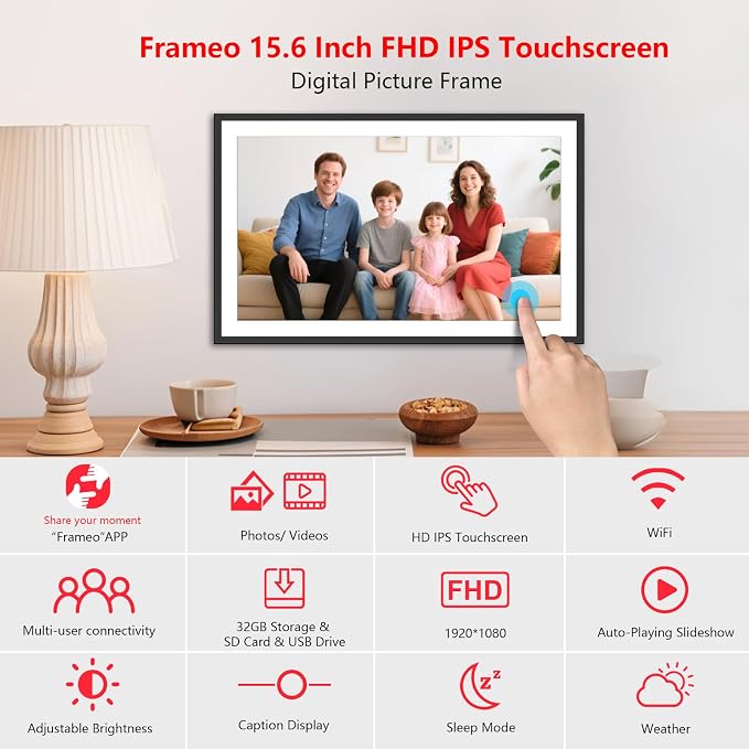 FRAMEO 15.6 Inch 32GB Large Digital Photo Frame, Digital Picture Frame WiFi, IPS HD Touch Screen, Photo Frame with Auto-Rotate Instant Share Photo/Video Sharing via Frameo App, Gift for Mom