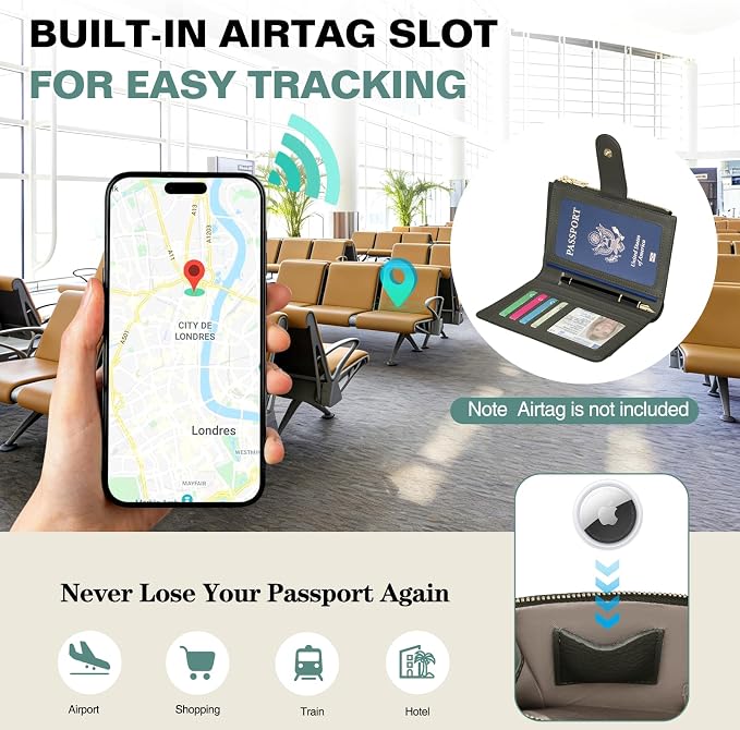 RFID Passport Holder for Travel, Leather Passport Wallet Cover with Airtag | with Airtag Slot, Card Cash Holders, Zippered Coins Pocket, for Women/Men, Gift Box, Travel Essentials, 4.1"L x 1"W x 6.3"H