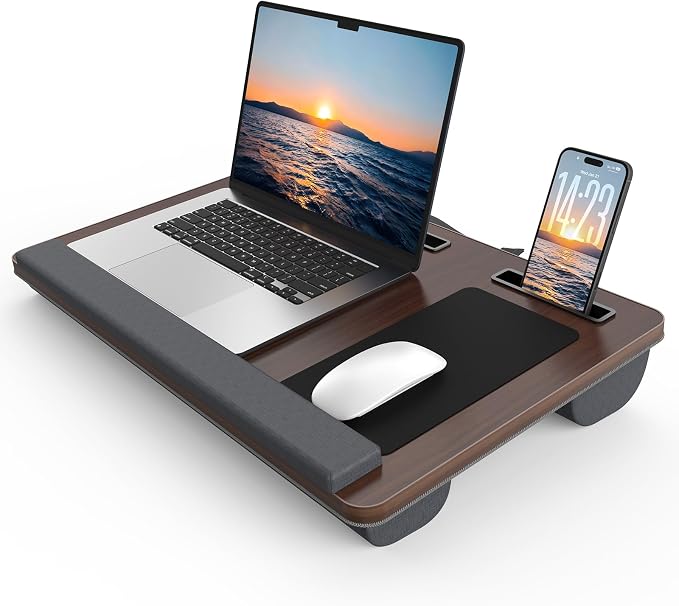 HETTHI Lap Desk with Cushion, Large Laptop Desk for Adults, Up to 17" Laptop Tray for Bed with Wrist Rest, 2 Self-Adhesive Mouse Pads, Portable Handle, Tablet Phone Slot (Dark Brown)