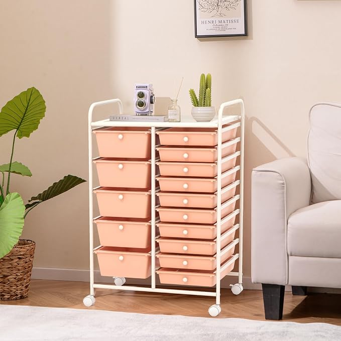 GLACER 15 Drawers Rolling Storage Cart, Steel Frame Craft Organizer Cart | Utility Cart w/Lockable Wheels & Sleek Handle, Mobile Art & Tool Supply Trolley for Teacher, Home, School, Office (Peach)