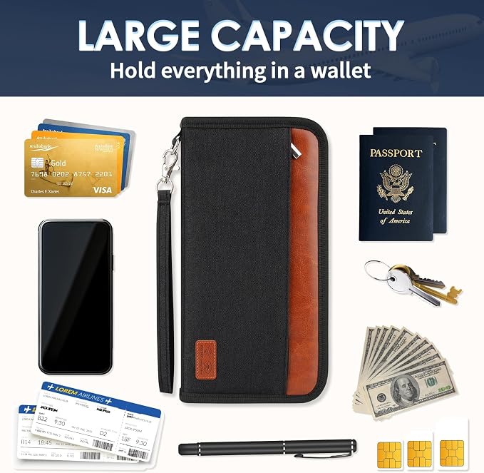 Passport Holder Family Travel Large RFID Blocking Passport Organizer, Travel Essentials Premium Wallets Credit Cards Case, Multi Pocket Waterproof Document Bag for Airports Vacations Business Trips