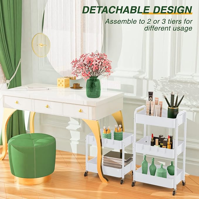 LEHOM 3 Tier Rolling Cart, Metal Rolling Utility Cart with Lockable Wheels | Multi-Functional Heavy Duty Storage Cart Organizer for Bathroom, Kitchen, Office, Living Room, Rolling Storage Trolley