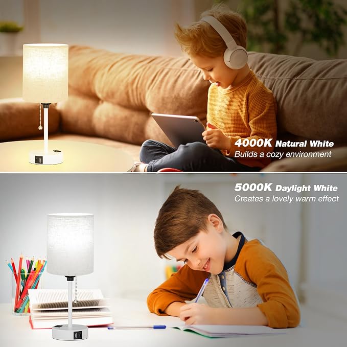 Small Bedside Table Lamp for Bedroom, Desk Lamp with USB Ports for Dorm | USB A+C Ports, AC Outlet, 3 Color Temperatures, LED Bulb Included, Linen-Fabric Shade, Matte White Base, 14" Night Stand Lamp
