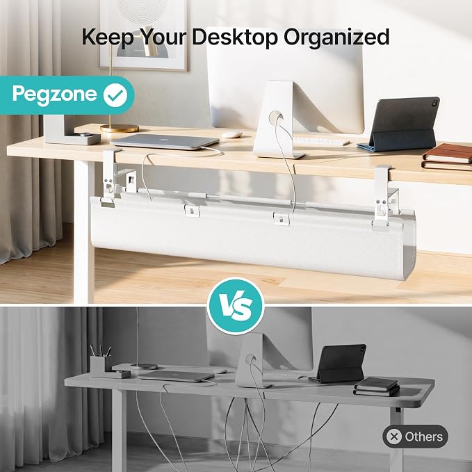 PEGZONE No Drill Under Desk Cable Management Tray, 31.5" Fabric Organizer | Clamp/Screw Premium Mount Cord Holder, for Power Strips, Adapters, with 2 Hooks & 1 Tie Roll for Home Office Gaming, White