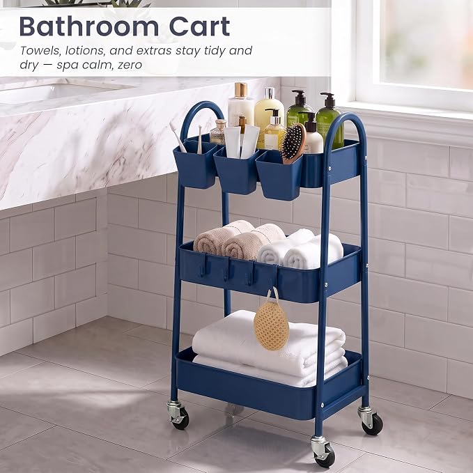 3-Tier Rolling Cart, Utility Cart Mobile Metal Rolling Storage Cart with Lockable Wheels & Hanging Cups & Hooks for Kitchen, Bathroom, Office, Workshop, Dark Blue