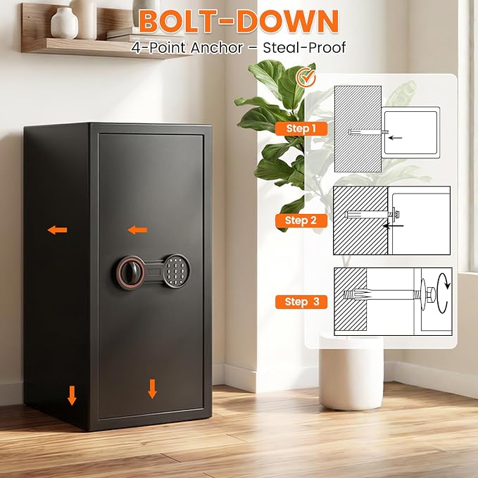 8.0 Cuft Slim Home Safe with Inner Lock Box, 31.5"H Closet-Friendly | 50LBS Heavy Duty Steel, Alarm System, LED Light, Removable Shelves | Wall/Floor Mountable for Apartment, Home Office