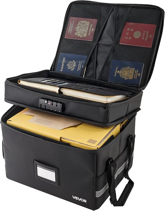 VEVOR Fireproof Document Box, 1832 ℉ Heat Insulated Fireproof & Waterproof Box with Lock, Portable Two-Layer File Storage Organizer Home Office Travel Use, for Passports, Important Documents, Files
