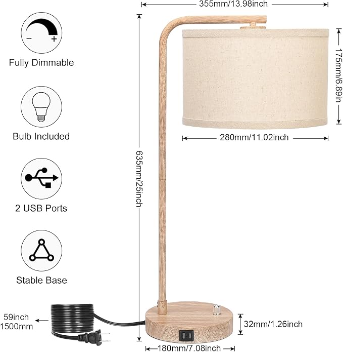 Farmhouse Table Lamp, Fully Dimmable Tall Bedisde Lamp with USB C+A Ports | 25" Modern Nightstand Lamp with Wood Grain Metal Base, Desk Reading Lamp for Living Room Bedroom Office, LED Bulb Included