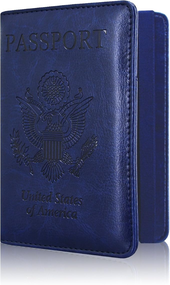 ACdream Passport Holder Cover, Leather Travel Wallet Case, RFID Blocking Document Organizer Protecrtor, with Slots for Credit Cards, Boarding Pass, for Women and Men, Navy Blue
