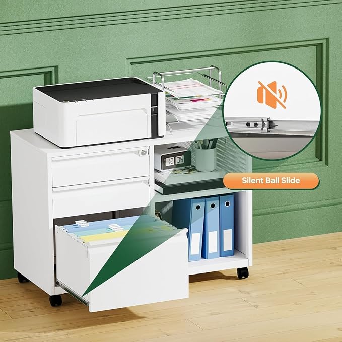 Mobile 3 Drawer File Cabinet with Lock-Metal Lateral Rolling Printer Stand Filing Cabinets for Home Office-Storage A4/F4/Letter (White)