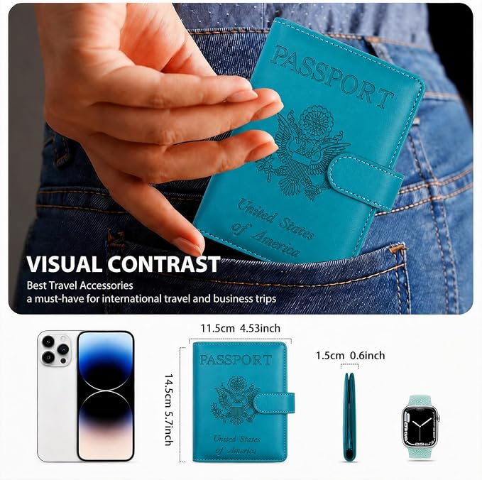 Passport Holder with Air-Tag Slot RFID Blocking Leather Travel Wallet | Multiple Card Compartments, SIM Card Access, Compact Carry Design, Flight Ready Essentials for Men & Women, Blue