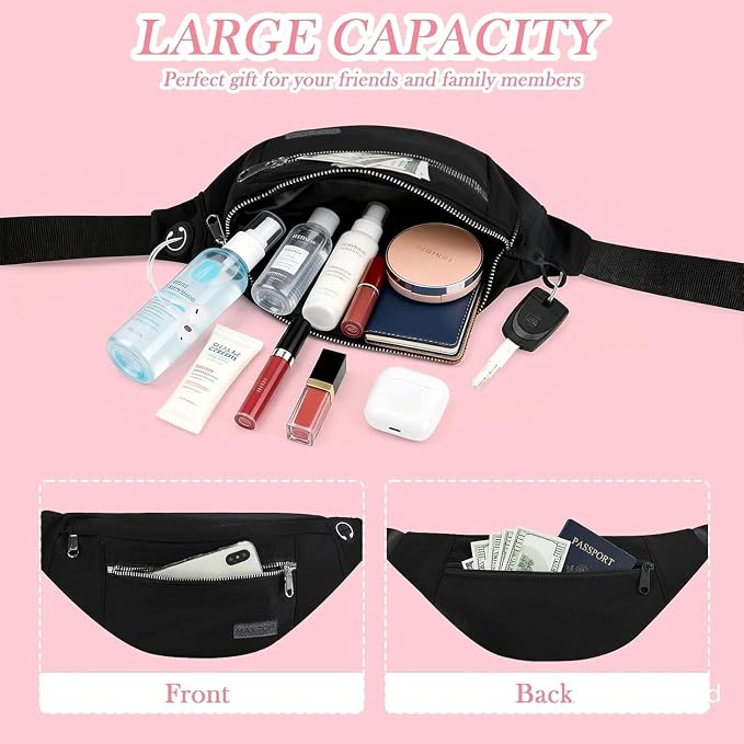MAXTOP Large Crossbody Fanny Pack Belt Bag for Women Men with Silver Zipper | 4-Zipper Pockets,Fashion,Nylon,Gifts for Enjoy Sports Yoga Running Workout Walking Casual Travel