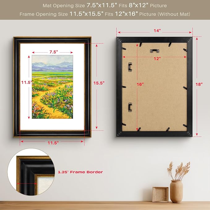 Golden State Art, 12x16 Photo Frame With Mat for Pictures 8x12 and Real Glass (Black With Antique Gold Trim - White Color Mat, 1.25 Inch Frame Border)