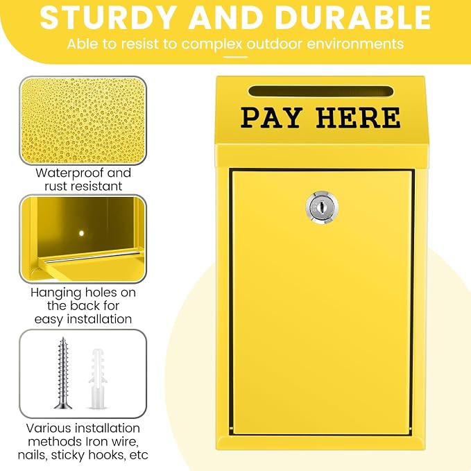 Yaocom Safe Metal Cash Box for Farm Stand – Money Drop and Secure Donation Collection, Wall Mount Lockable Unit with Pre Drilled Holes for Outdoor Self Serve(Yellow,10.2 x 5.7 x 2.8 Inch)