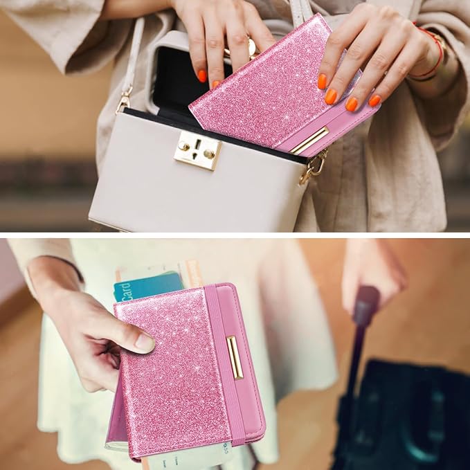 Coco Rossi Passport Holder for Travel Women Slim RFID Passport Cover Wallet | Travel Essentials, Passport Book Holders, Passport Cover Case, PU Leather, Cute, Thin, Spliced Design, Glitter Dark Pink