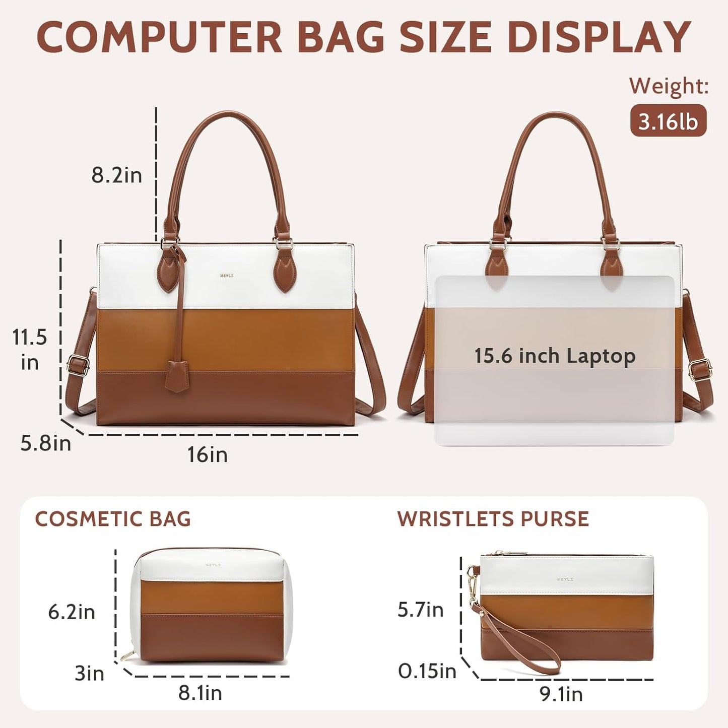 Keyli 3pc Sets Laptop Bag for Women,15.6 Inch Work Tote Bags Waterproof Leather Business Computer Briefcase Shoulder Handbag