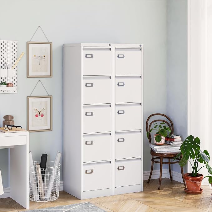 MIIIKO 5 Drawer File Cabinet with Lock, Metal Vertical Filing Cabinets for Home Office,File Folders Storage Cabinet for Letter Legal A4 File Size