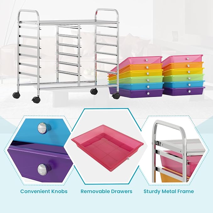 COSTWAY 12-Drawer Rolling Storage Cart, Utility Storage Organizer Cart | For Tools, Scrapbook, Paper, Craft, Multipurpose Art Supply Organizer on Wheels for Home Office School, Teacher, Rainbow