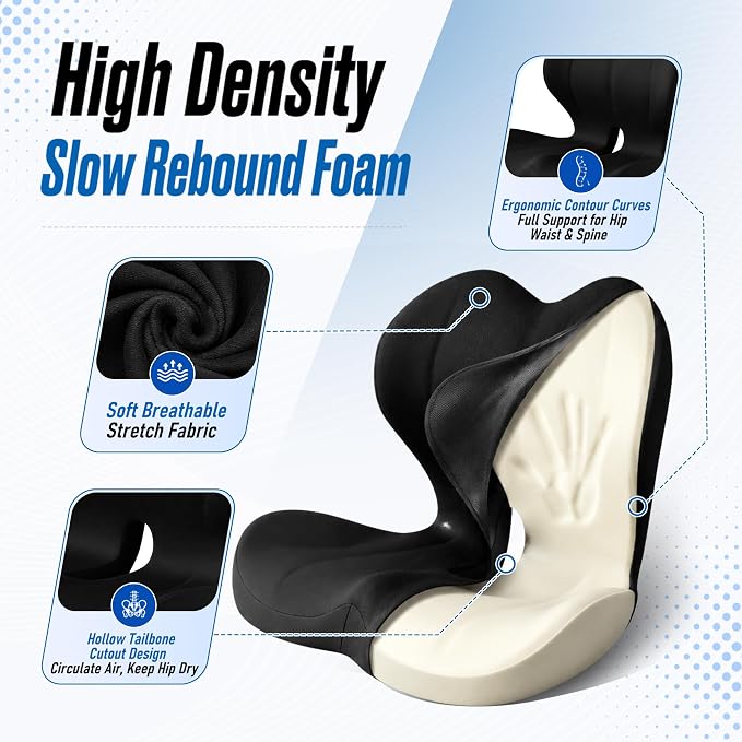 Truck Seat Cushion and Headrest Set for Long Driving - Memory Foam Car Seat Driver Cushion for Tailbone, Back & Sciatica Pain Relief, Ergonomic Lumbar Support for Semi Truck - Black