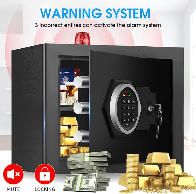 1.2 Cubic Feet Small Fire Safe Box for Home, Fireproof Lock Box, Security Money Safe with Digital Keypad, Spare Keys and Removable Shelf, Personal Home Safes for Money, Jewelry, ID Documents