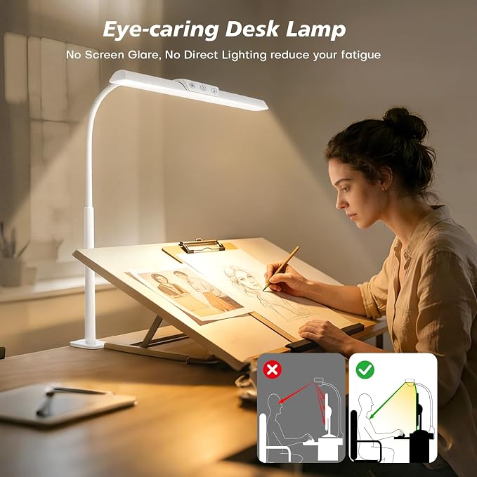 LED Desk Lamp for Office Home, Stepless Dimming Architect Desk Light with DC Adapter, Eye-Caring Desk Lamp with Clamp, 25 Lighting Modes Adjustable 12.8in Flexible Gooseneck for Workbench(White)