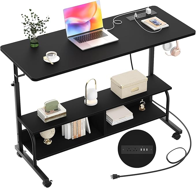 Armocity Height Adjustable Standing Desk with Power Outlets, 47" Manual Stand Up Desk with Storage Shelves Small Mobile Rolling Computer Desk Portable Laptop Table with Wheels for Home Office, Black