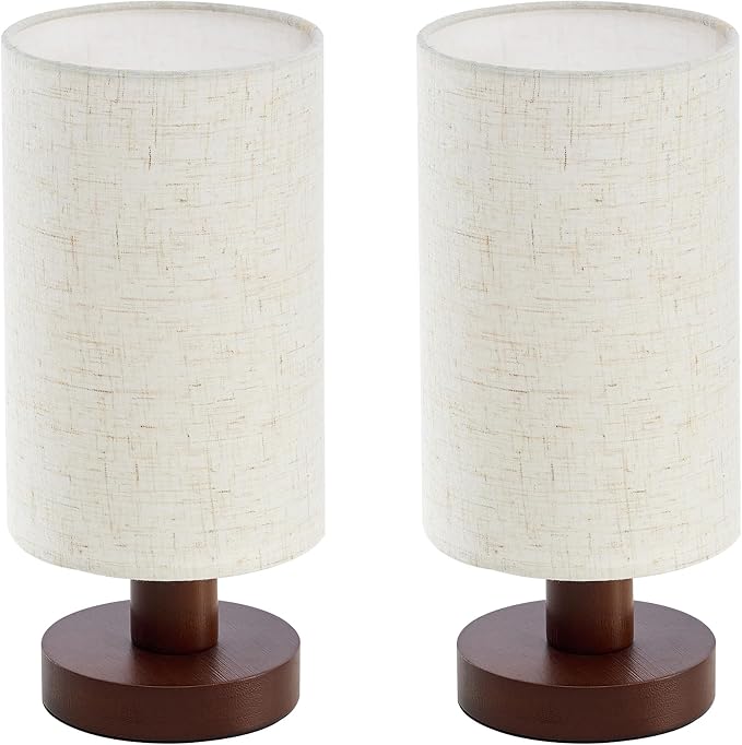Bedside Lamps Set of 2, Bamboo Small Table Lamp for Nightstand | 10'' Minimalist Nightstand Lamps for Bedroom, Modern Desk Lamp for Living Room, E26, Walunt, Linen Shade