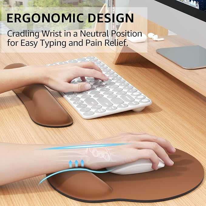 KTRIO Keyboard Wrist Rest & Mouse Pad with Wrist Rest, Coffee Brown | Memory Foam Wrist Support, Ergonomic Design, Non-Slip Base, Office and Home Use
