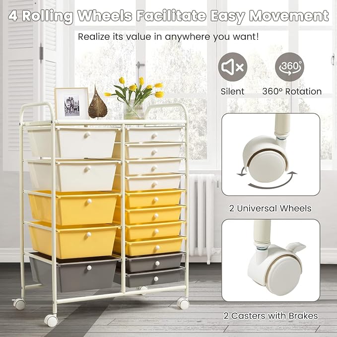 15 Drawer Rolling Storage Cart, Rolling Cart with Drawers for Classroom, Art Supply Craft Organizer on Wheel with Metal Frame & Handles for Home Office School