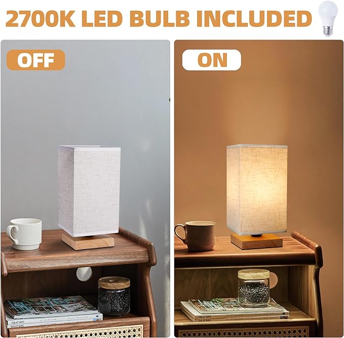 Small Square Bedside Table Lamp for Bedroom, Minimalist Wood Base & Round Fabric Shade, Mini Cute Cozy Warm Nightstand Boho Lamp, Study Desk Night Stand Light for Room, Dorm, Nursery, Living Room