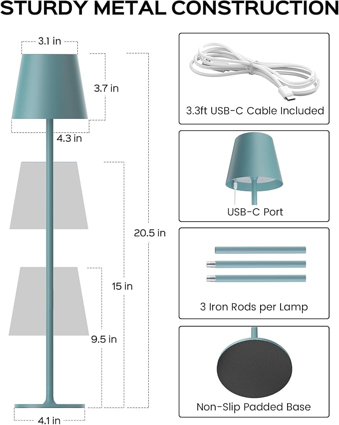 JACKYLED Cordless Table Lamps Rechargeable, 3 Adjustable Height, 5000 Capactiy Operated 3 Colors Smooth Dimming, Portab