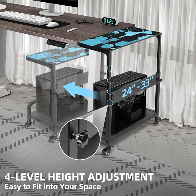 Height Adjustable Computer Tower Stand, Compact Printer Stand, 2 Tier for ATX Case, Extra Large CPU Floor Stand PC Tower Stand CPU Holder Cart with Guard Rail 32.7" X 21.6" X 15.8", Blue