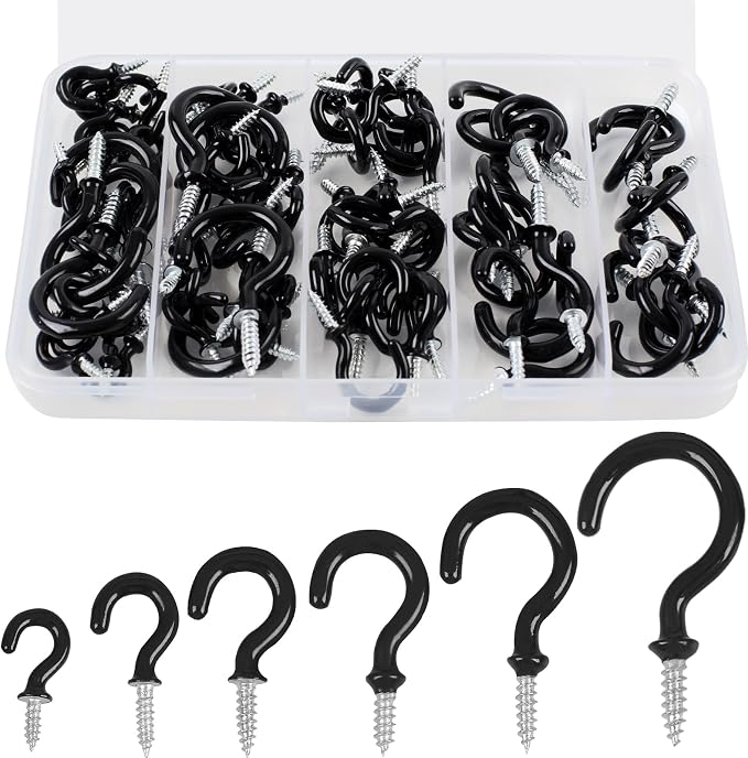 90 Pcs Black Ceiling Hooks Kit - 6 Sizes Vinyl Coated Screw-in Hooks for Hanging (1/2", 5/8", 3/4", 7/8", 1", 1-1/4")