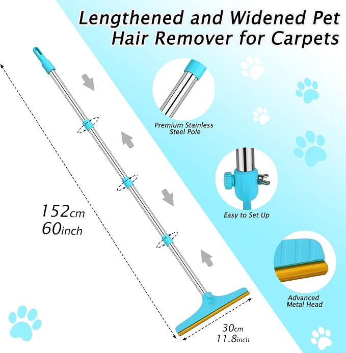 Carpet Rake for Pet Hair Removal Tool, Dog Cat Hair Remover for Furniture | 60'' Pet Hair Remover Broom for Pet Owner Reusable Hair Remover with Adjustable Handle, Carpet Brush for Rugs, Mats, Couch