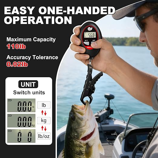 SNAIL TRAIL 100 lbs Digital Fishing Weight Scale & 4.6'' Fish Lip Gripper | LCD Display, Multi-Unit (LB, KG, LB:OZ), Portable Electric Tournament Bass Weigher for Anglers