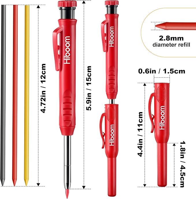 Hiboom 4 Pack Carpenter Pencil with 36 Refills Built In Sharpener (Multi) | Concrete Wood Metal, Deep Marking, Multi-Color Refills, 2.8mm Lead, Construction Work, Waterproof, Carpenter Builder DIY