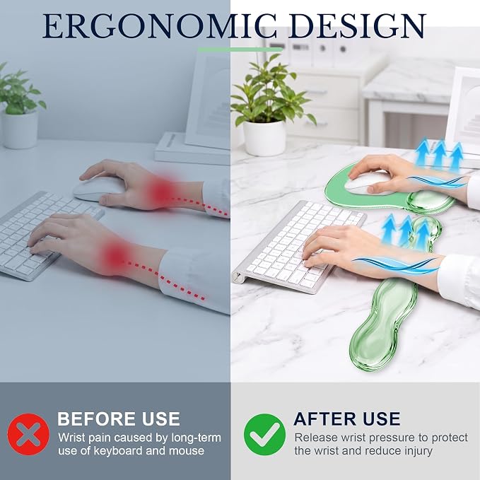 Keyboard Wrist Rest & Ergonomic Mouse Pad with Wrist Rest Set, Cute Transparent Gel Wrist Rest for Keyboard and Mouse, Soft Support for Pain Relief, Office, Gaming Desk Accessories（Green）