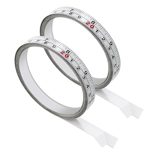 2-Pack Adhesive Measuring Tape for Workbenches, 143 Inch | 1/2-inch white ruler tape with imperial and metric scales; peel-and-stick design reads left to right