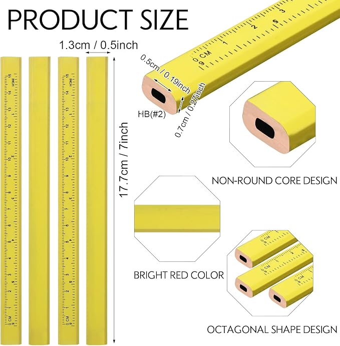Lincia 300 Pcs Carpenter Pencils 7 Inch Octagonal Flat Carpenter Marking Pencils Hard Black Construction Contractor Pens for Woodworking and Concrete Marking(Yellow)