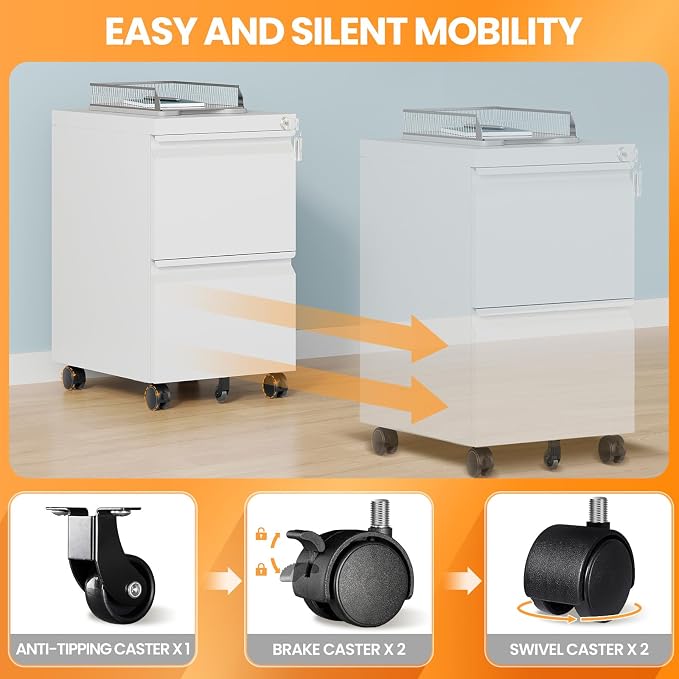 2 Drawer Mobile File Cabinet, Fully Assembled File Cabinets with Lock, Metal Rolling Filing Caninet on Wheels, Small Two Drawer Under Desk Cabnet for Letter/Legal / A4 / File Box - White