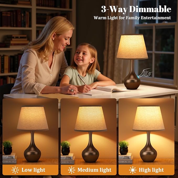 16.1" Touch Table Lamp for Nightstand, 3 Way Dimmable Small Bedroom Lamp | Touch Control, Bulb Included, Brown Bedside Lamps for Desk, Night Stands, Living Room, End Table, Corded