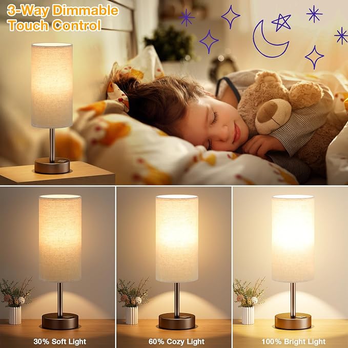 Dicoool Bedside Table Lamp for Bedroom - 3-Way Dimmable Touch Lamp, USB A+C | LED Bulb Included, 14" Small Nightstand Lamp for Desk, Living Room, Guest Room, Beige Fabric Lampshade, Brown Metal Base