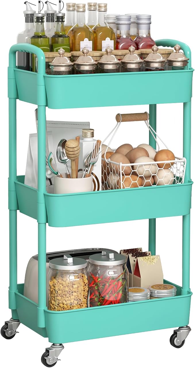 Sywhitta 3-Tier Plastic Rolling Utility Cart with Handle, Multi-Functional Storage Trolley for Office, Living Room, Kitchen, Movable Storage Organizer with Wheels, Green | Multi-Functional Storage Trolley, for Office, Living Room, Kitchen, Bathroom,Mov...