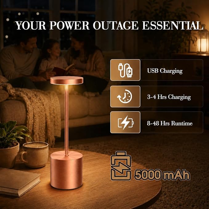 Rose Gold Cordless Table Lamps Set of 2, Battery Operated Rechargeable LED Lamps with Touch Control, 3 Color Temperatures, 5000mAh Dimmable Wireless Portable Lamp for Bedroom Nightstand Living Room