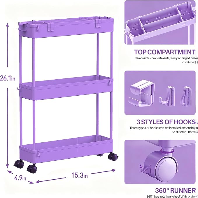Slim Storage Cart 3 Tier,Bathroom Organizer Rolling Utility,Mobile Shelving Unit Slide Out for Office, Kitchen, Laundry Room & Narrow Places,Purple