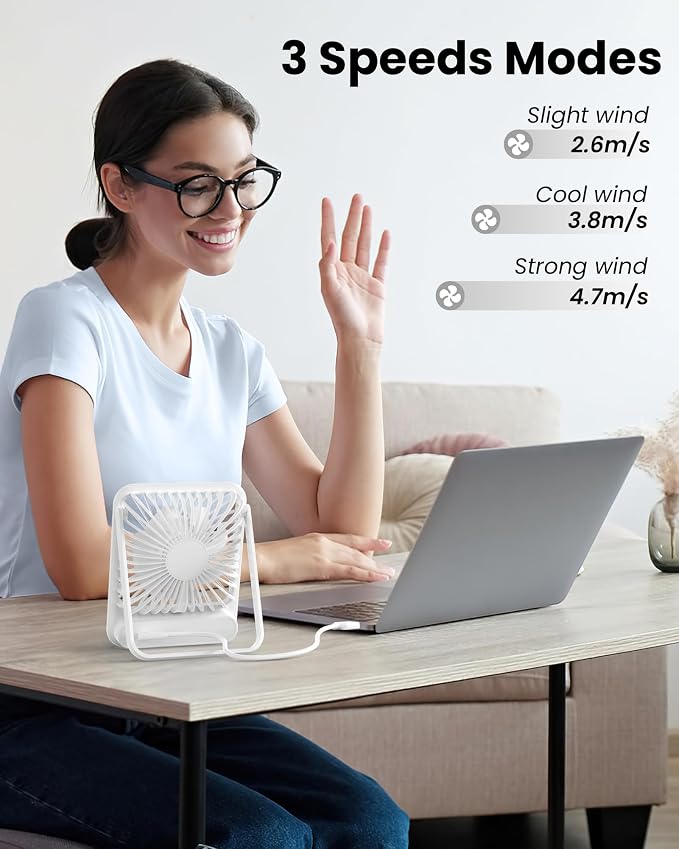 Koonie USB Desk Fan, Strong Wind Ultra Quiet Small Mini Fan | 180° Tilt Folding & 3 Speeds Adjustable, USB-C Corded Powered Personal Fan for Office Desktop Bedroom, White, NO BATTERY