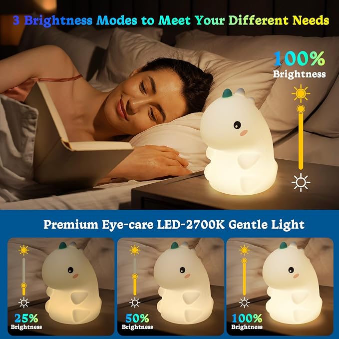 Dinosaur Night Light for Kids, Rechargeable Portable Nightlight, Soft Silicone Touch Night Lamp with 3 Levels Dimmable, Cute Lamp for Nursery, Baby, Kids and Adults Room Decor