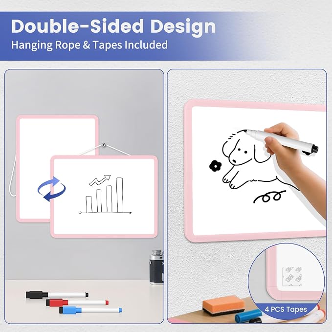 Small Wall White Board, 11" x 14" Mini Double-Sided Magnetic Dry Erase Board with Plastic Frame, Hanging Whiteboard with 5 Markers for Kids Students School Kitchen Home & Office, Pink