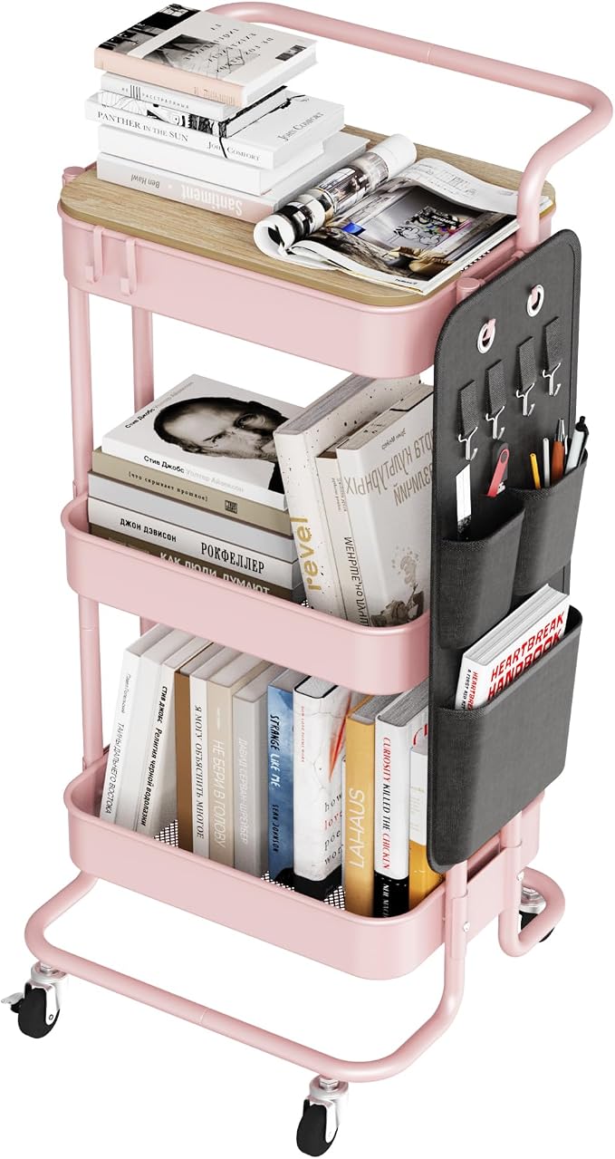 DTK 3-Tier Rolling Cart with Table Top, Metal Utility Cart with Side Bags | Tray Storage Organizer, Lockable Wheels, 4 Hooks, Art Cart for Kitchen, Bathroom, Office, Craft room, Living room, Pink